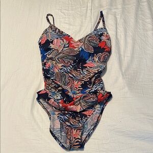 Aqua Green Blue and Red One-Piece Swimsuit with Adjustable Straps